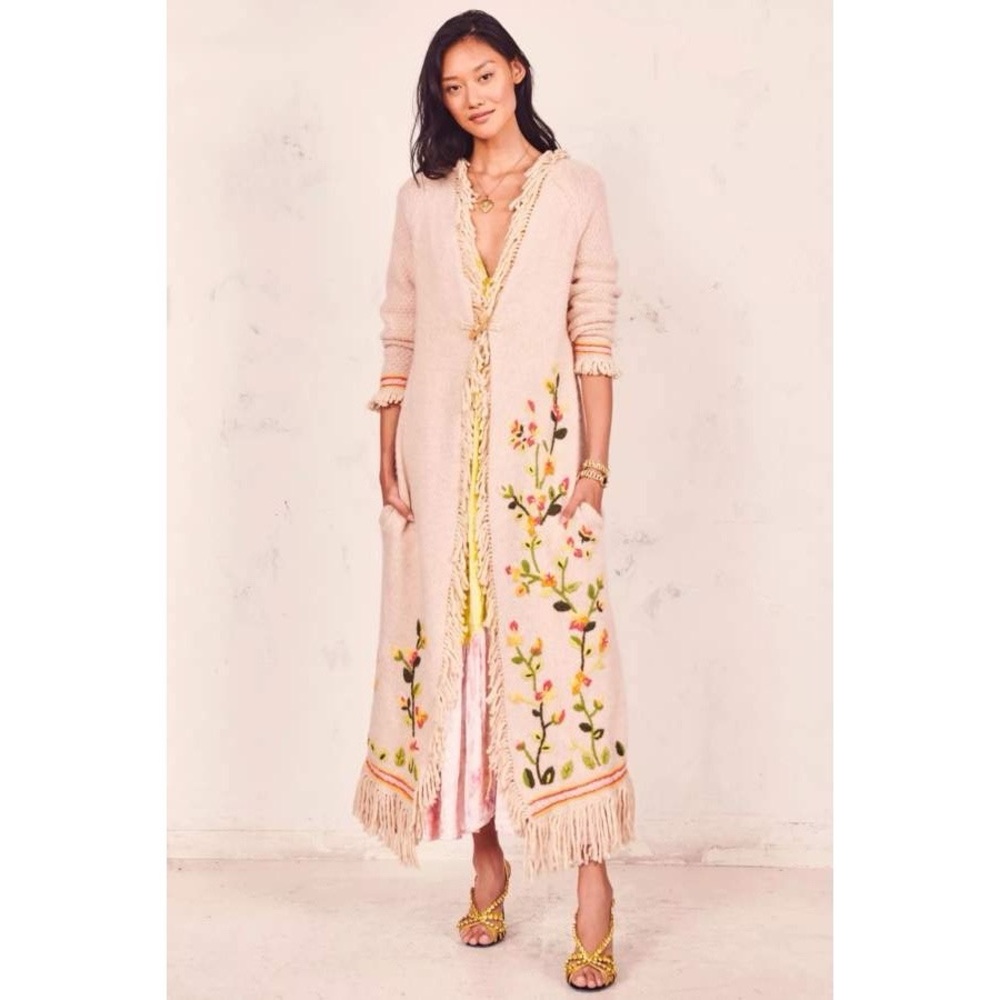 LoveShackFancy Valencia‎ Floral Embroidered Fringe Duster Cardigan in Oatmeal